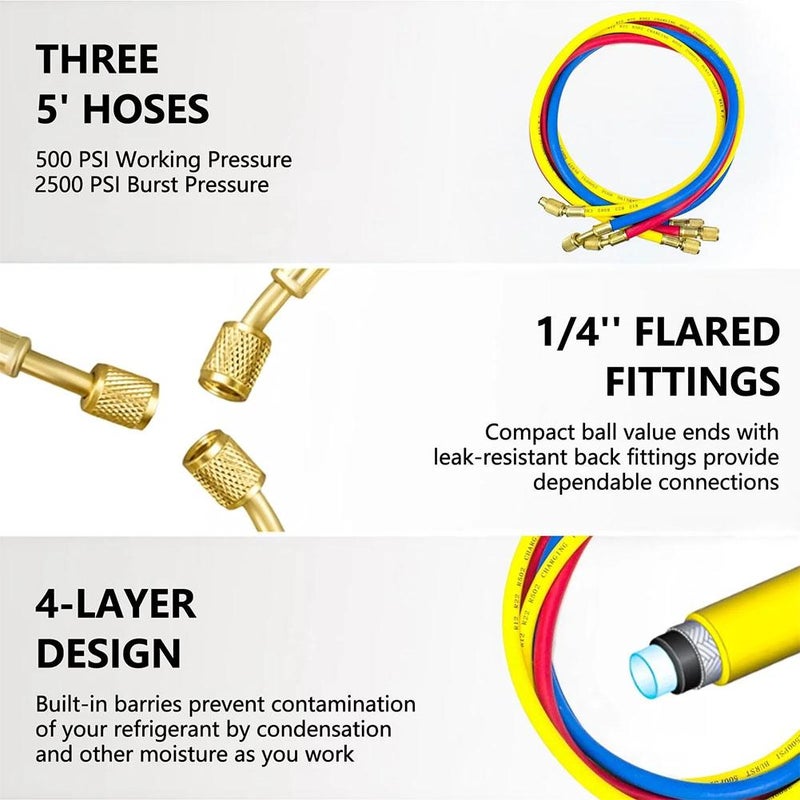 AC Gauge Set R410a R134a R22,Air Conditioning Pressure Manifold Gauge Hose Adapter,Automotive AC Manifold Gauge with Hoses,Quick Couplers, Adapters,Refrigerant Refill Kit for Car, Home Use - Image 4